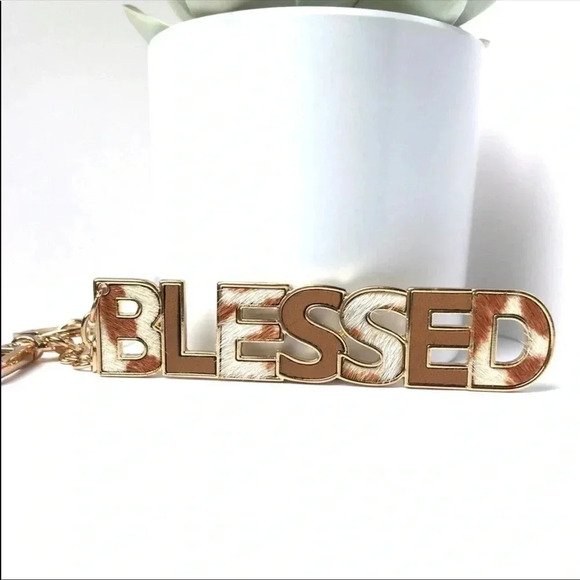 Cow Print BLESSED Keychain | Genuine Leather Faith Gift Accessory - Picture 5 of 5